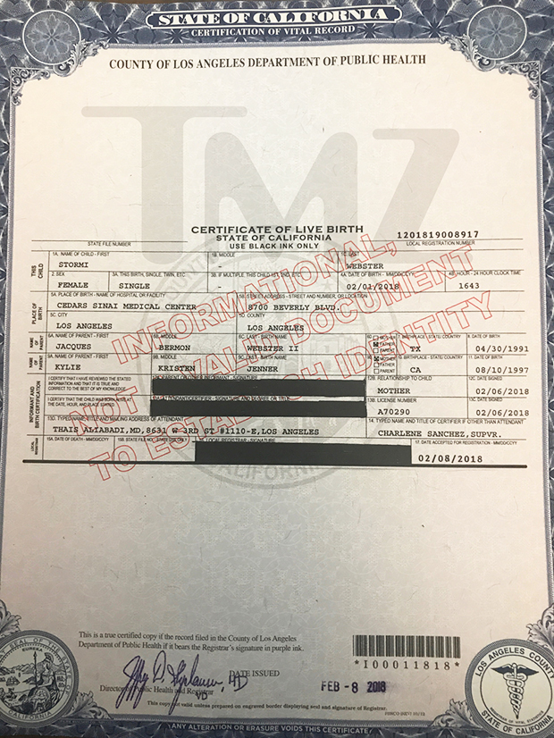 Stormi Webster birth certificate