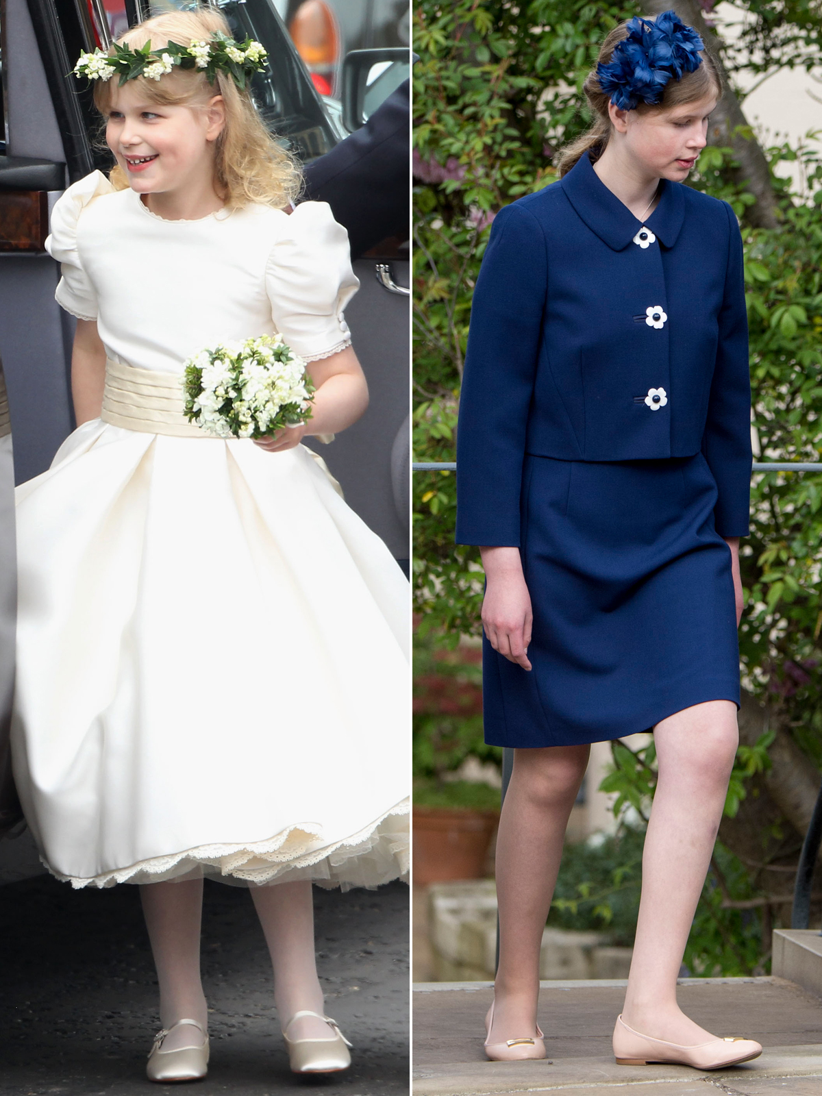 Lady Louise at William and Kate's wedding in 2011 (left) and in 2017.