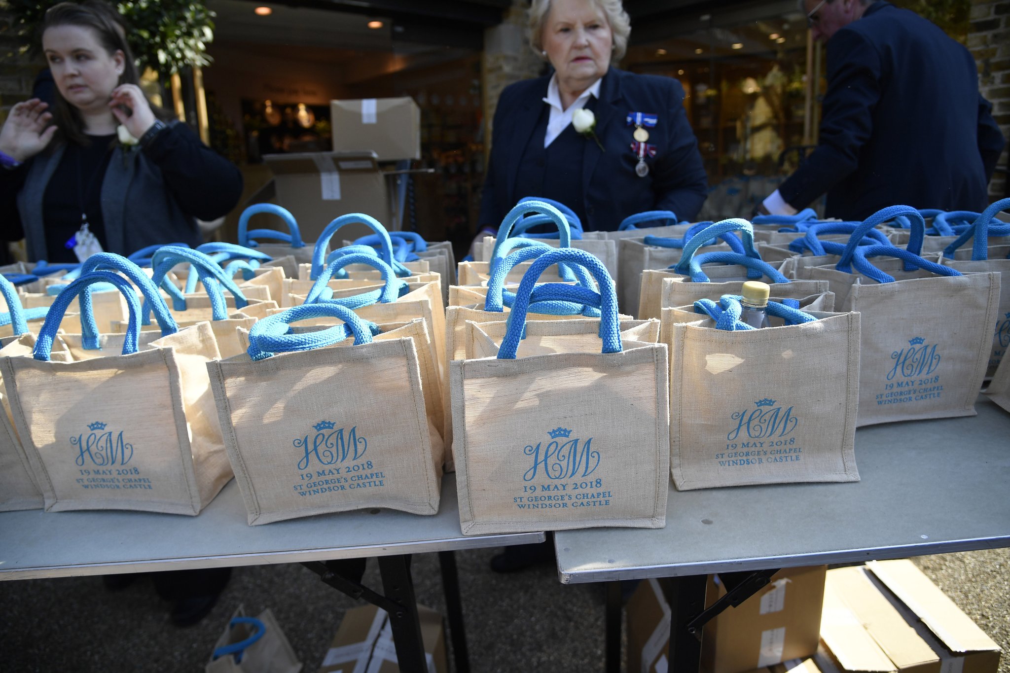 WINDSOR, UNITED KINGDOM - MAY 19:   Monogrammed gift bags at Windsor Castle before the wedding of Prince Harry to Meghan Markle on May 19, 2018 in Windsor, England. (Photo by Toby Melville - WPA Pool/Getty Images)